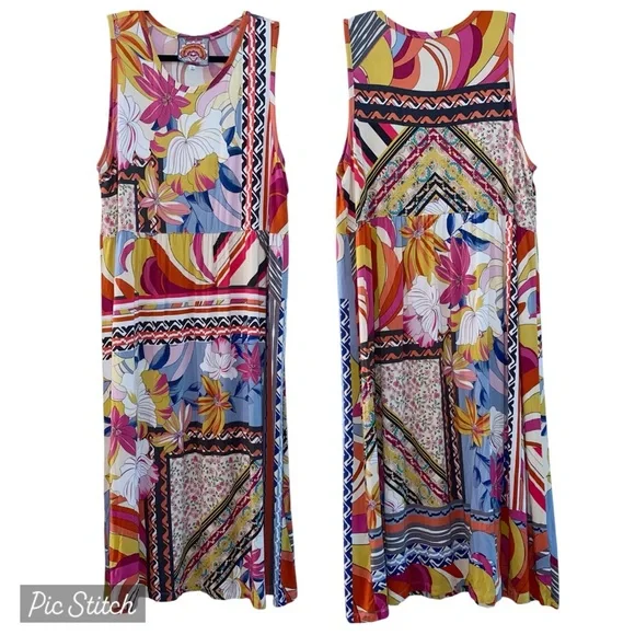 Johnny Was Rachel May Easy Fit Tank Dress XL Mixed Print Patchwork Midi Length - Picture 2 of 16